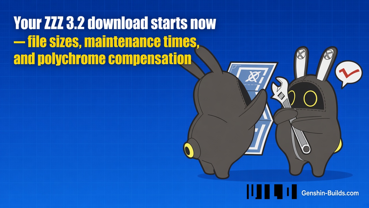 Your ZZZ 3.2 download starts now — file sizes, maintenance times, and polychrome compensation